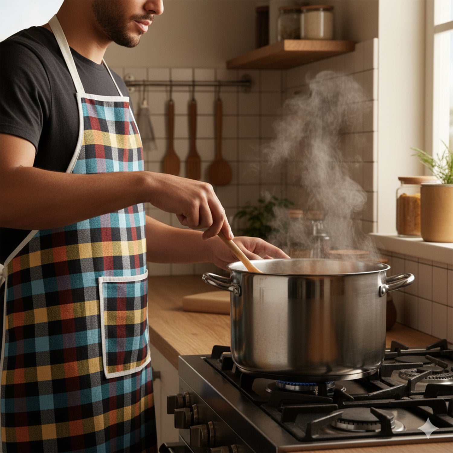 Cotton Checkered Kitchen Apron With Front Pocket (1 Pc)