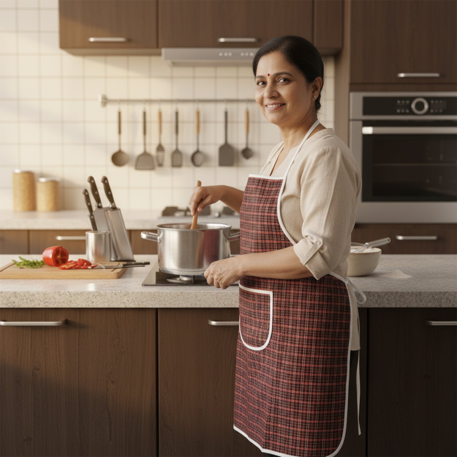 Cotton Checkered Kitchen Apron With Front Pocket (1 Pc)